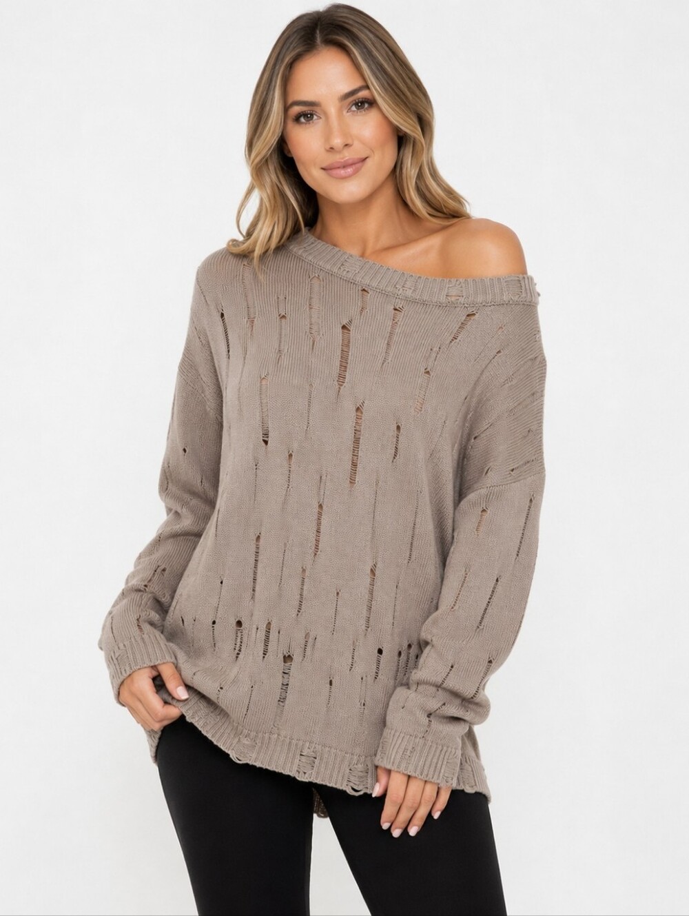 Planet by Lauren G Taupe Pima Cotton Undone sweater size OS Distressed Lagenlook
